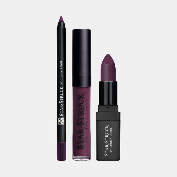 Wine - 3Pcs Lip Kit, Lip Gloss, Lipstick & Lipliner Kit - Deep Purple